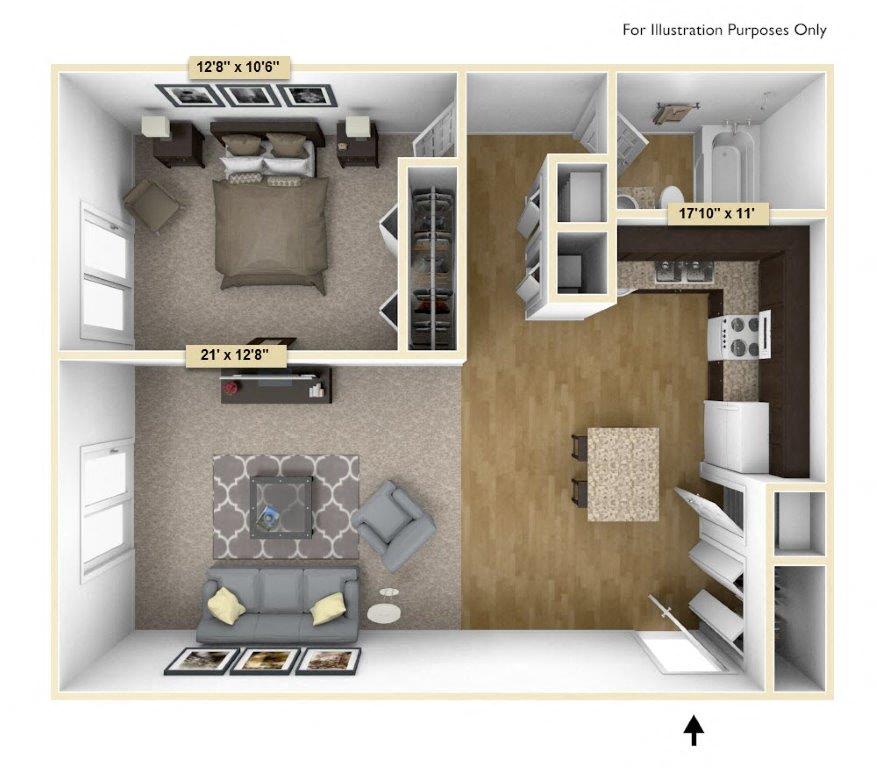 Floor plan for 1 bed, 1 bath, 800 sqft